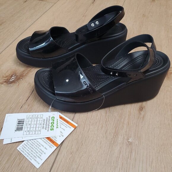 Crocs Brooklyn High Shine Ankle Strap Womens Wedge Black US Size 7 Shiny Heel - Picture 5 of 12